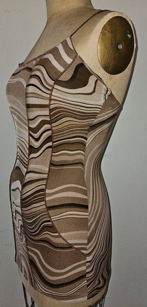 LOVELY DAY Large Brown Black Swirl Print Spaghetti Strap Boho Sundress Chic Look
