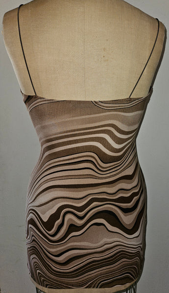 LOVELY DAY Large Brown Black Swirl Print Spaghetti Strap Boho Sundress Chic Look