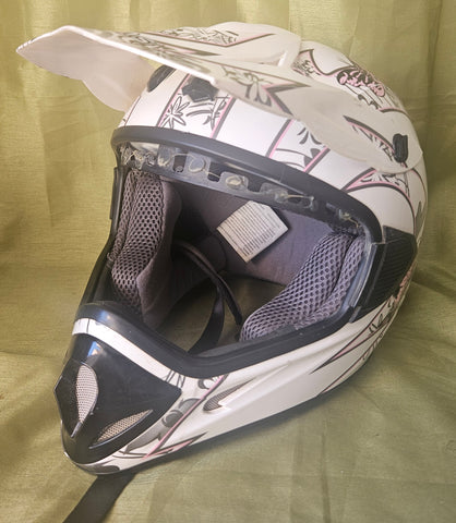 Women's Size Large TMS FMVSS 218 Dot White w/ Gray & Pink Motocross Dirt Bike Helmet