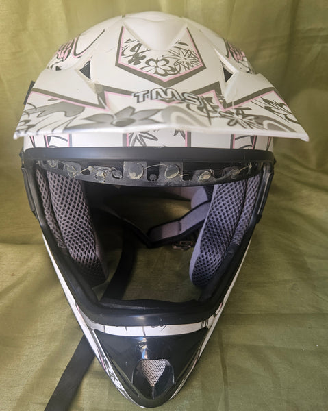 Women's Size Large TMS FMVSS 218 Dot White w/ Gray & Pink Motocross Dirt Bike Helmet