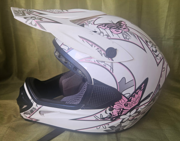 Women's Size Large TMS FMVSS 218 Dot White w/ Gray & Pink Motocross Dirt Bike Helmet