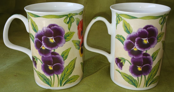 Set of 2 Vintage Roy Kirkham Viola Fine Bone China Floral Mugs