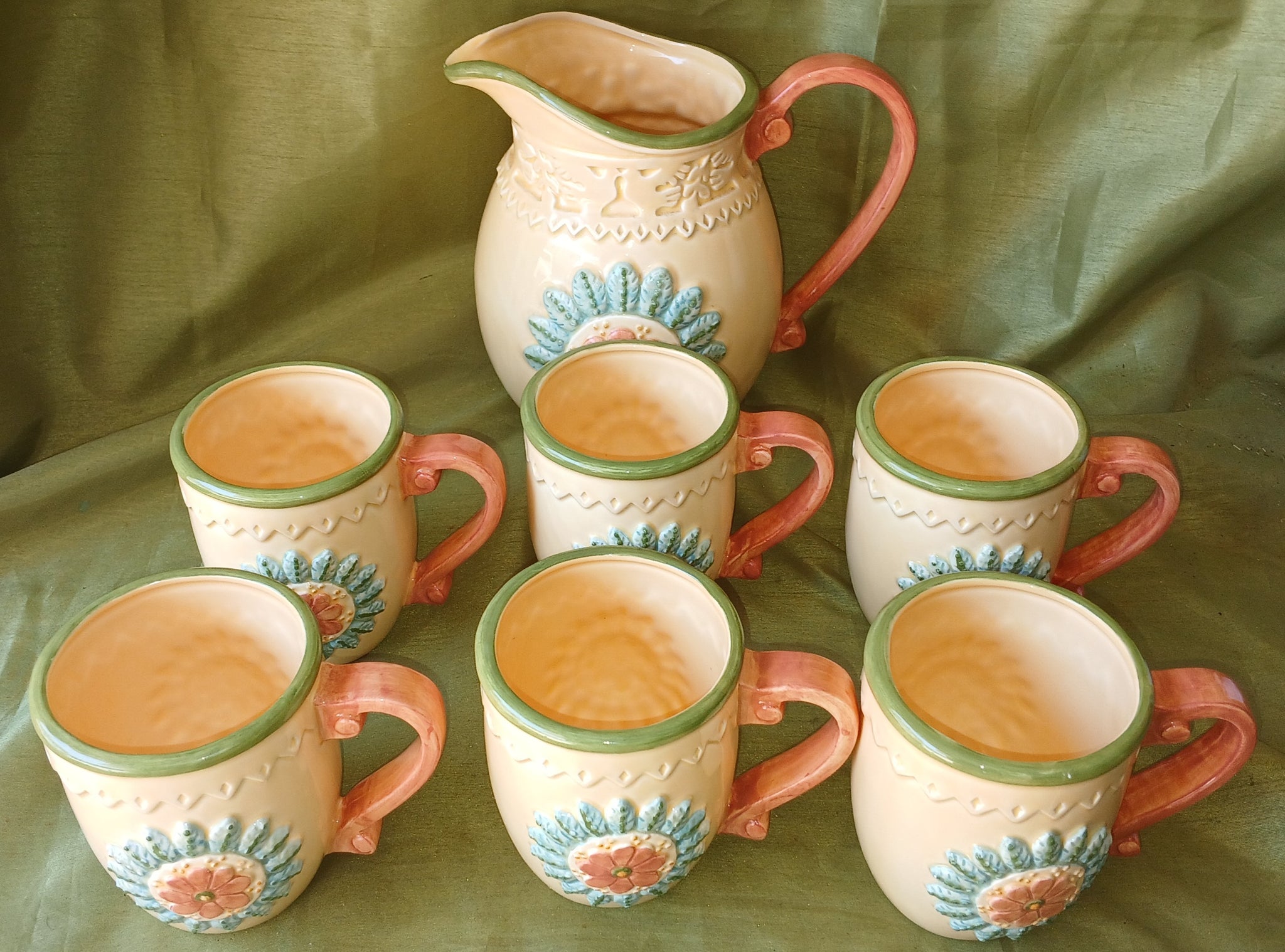 7 Pc Yellow & Orange Floral Pottery Pitcher & Cup Set