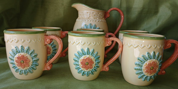 7 Pc Yellow & Orange Floral Pottery Pitcher & Cup Set