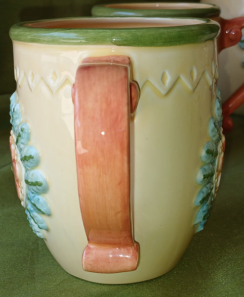 7 Pc Yellow & Orange Floral Pottery Pitcher & Cup Set