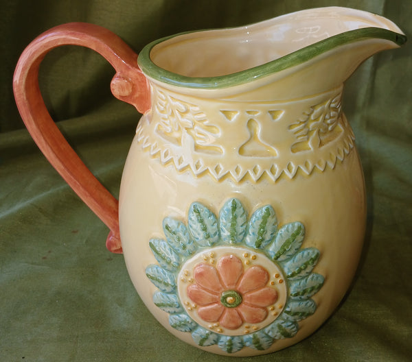 7 Pc Yellow & Orange Floral Pottery Pitcher & Cup Set