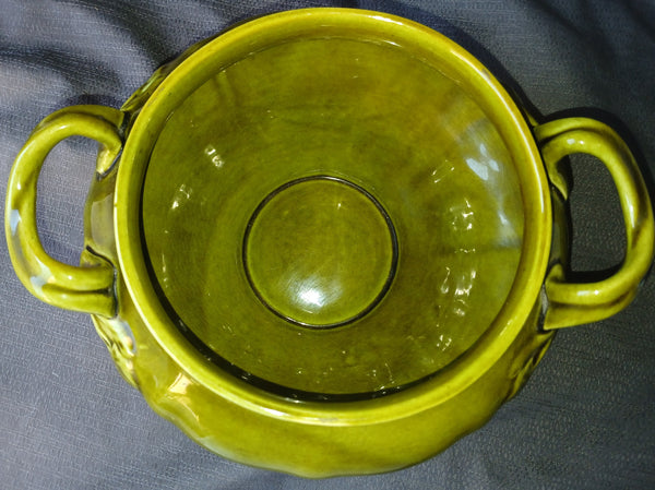 1960's Vintage Green Ceramic Glazed Pottery Soup Tureen Bowl