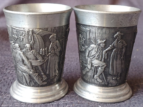 Set of 2 ZINN BECKER Vintage Pewter Storybook Shot Cups