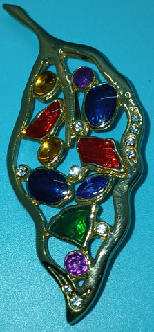 Vintage Multicolor Gold & Rhinestone Leaf Brooch