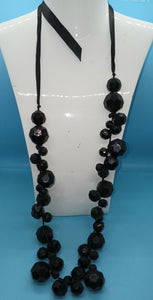 Black Chunky Ribbon Tie Beaded Necklace