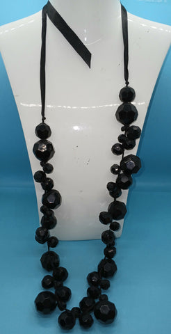 Black Chunky Ribbon Tie Beaded Necklace