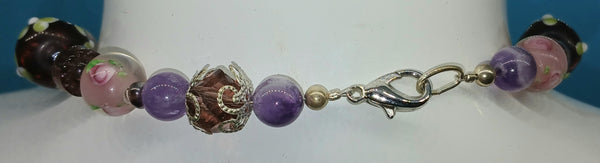 Handmade Pink, Purple, Floral, Silver & Gold Beaded Necklace