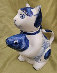 Vintage Porcelain Blue & White Cat w/ Koi Fish Teapot