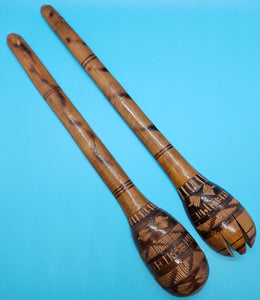 Vintage YE OLDE CURIOSITY SHOP SEATTLE Wood Hand Carved 11" Salad Serving Set