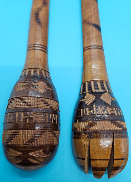 Vintage YE OLDE CURIOSITY SHOP SEATTLE Wood Hand Carved 11" Salad Serving Set
