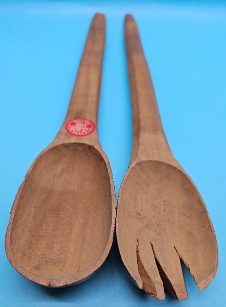 Vintage YE OLDE CURIOSITY SHOP SEATTLE Wood Hand Carved 11" Salad Serving Set