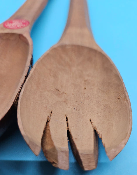 Vintage YE OLDE CURIOSITY SHOP SEATTLE Wood Hand Carved 11" Salad Serving Set