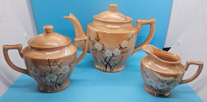 Vintage Lusterware Japan Gold 3-Pc Porcelain Teapot, Sugar & Creamer Set