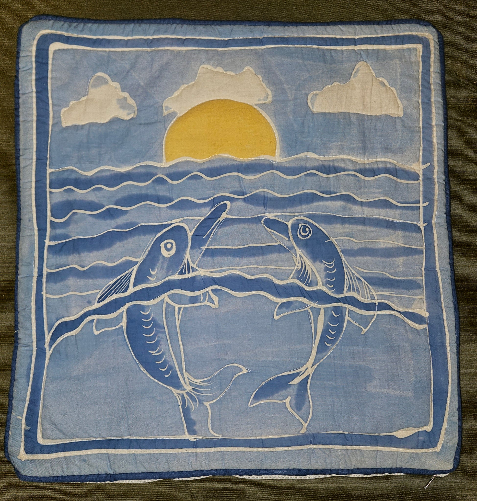 Vintage Hand Painted 16.5" x 16.5" Padded Dolphin Pillow Cover