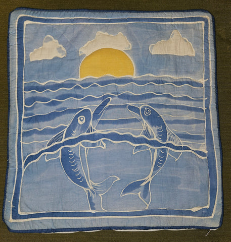 Vintage Hand Painted 16.5" x 16.5" Padded Dolphin Pillow Cover