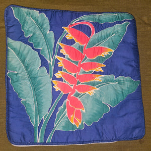 Bali Hand Painted BATIK HELICONIA Flower Blue 16.5" x 16.5" Padded Pillow Cover