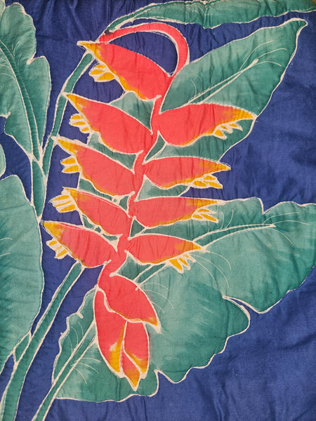 Bali Hand Painted BATIK HELICONIA Flower Blue 16.5" x 16.5" Padded Pillow Cover