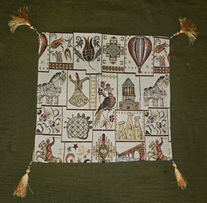 Vintage Turkish Fabric Zip Pillow Cover w/ Evil Eye Tassel Corners