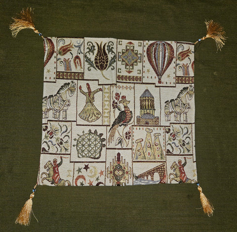 Vintage Turkish Fabric Zip Pillow Cover w/ Evil Eye Tassel Corners