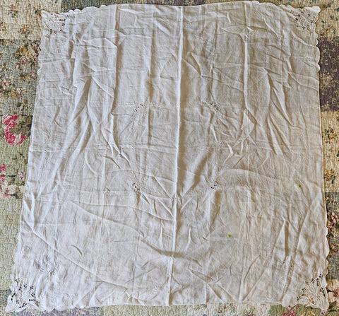 White Square Vintage 42" x 42" Cutwork Embroidery Tablecloth / Table Topper