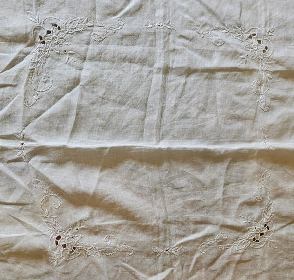 White Square Vintage 42" x 42" Cutwork Embroidery Tablecloth / Table Topper