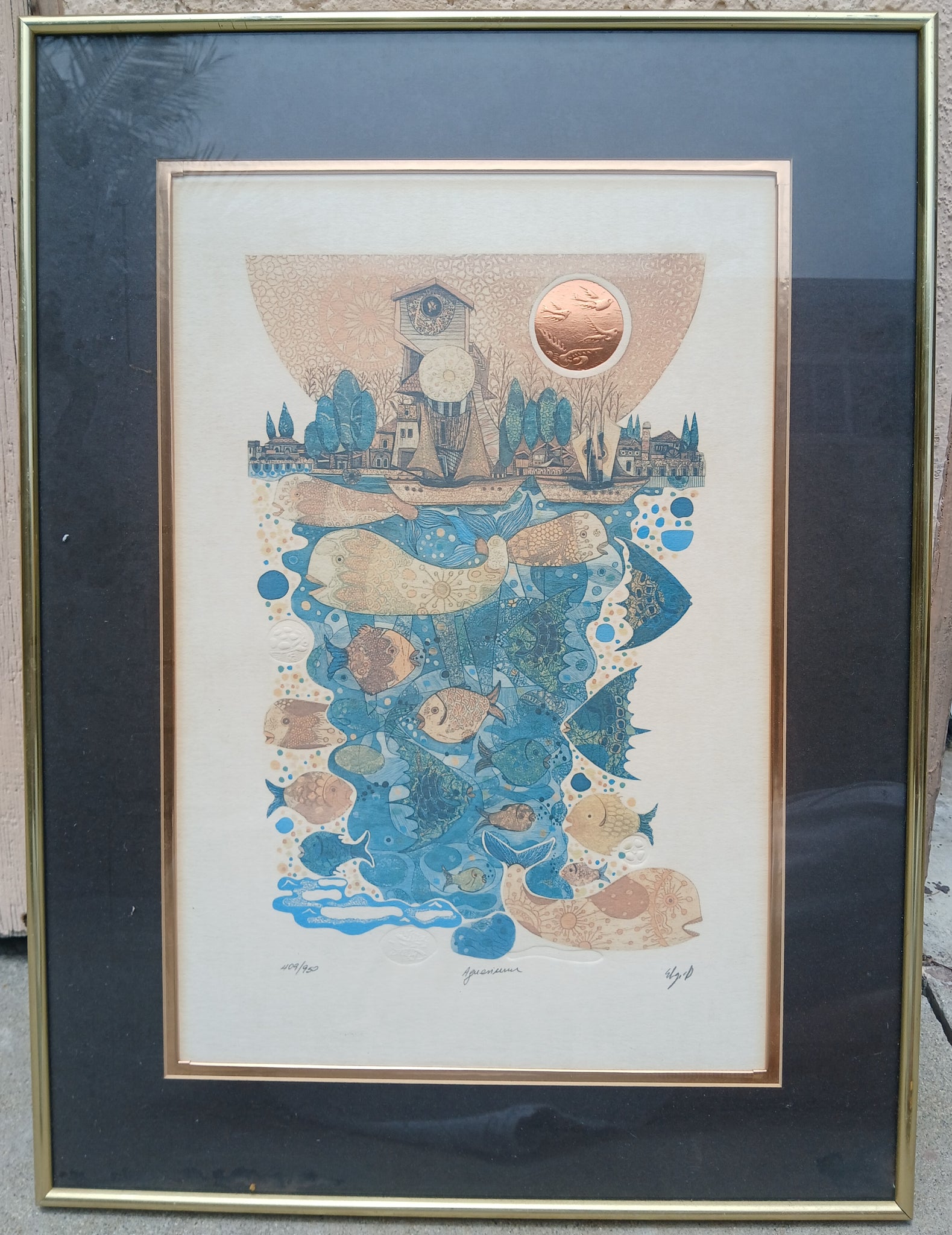 The Aquarium 409/900 Numbered Framed Lithograph By Amram Ebgi