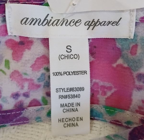 Small Brand New AMBIANCE Purple Floral Open Back Sheer Blouse