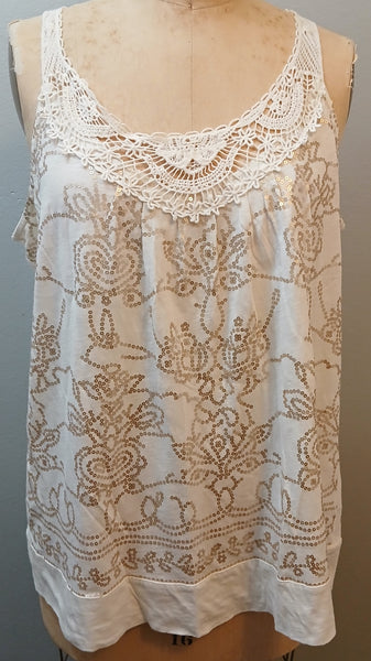 Size 22/24 AVENUE White Crochet Neckline & Gold Sequined Tank Top
