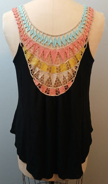 XXL LIBIAN Multicolor Crochet Accent Black Tank Top