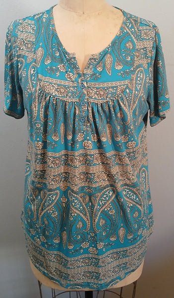 XXL A. JESDANI Turquoise & Tan Paisley Blouse
