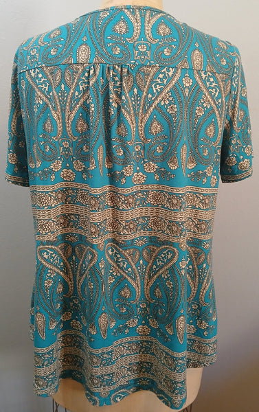 XXL A. JESDANI Turquoise & Tan Paisley Blouse