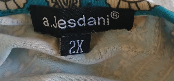 XXL A. JESDANI Turquoise & Tan Paisley Blouse