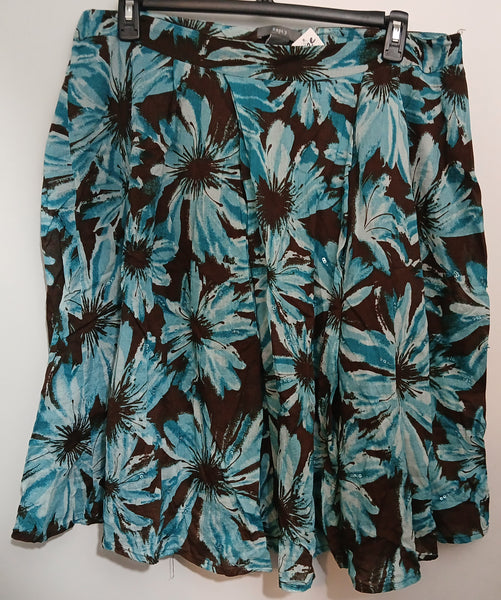 Size 16 APT 9 Blue, Brown & White Floral Skirt w/ Sequence Accents