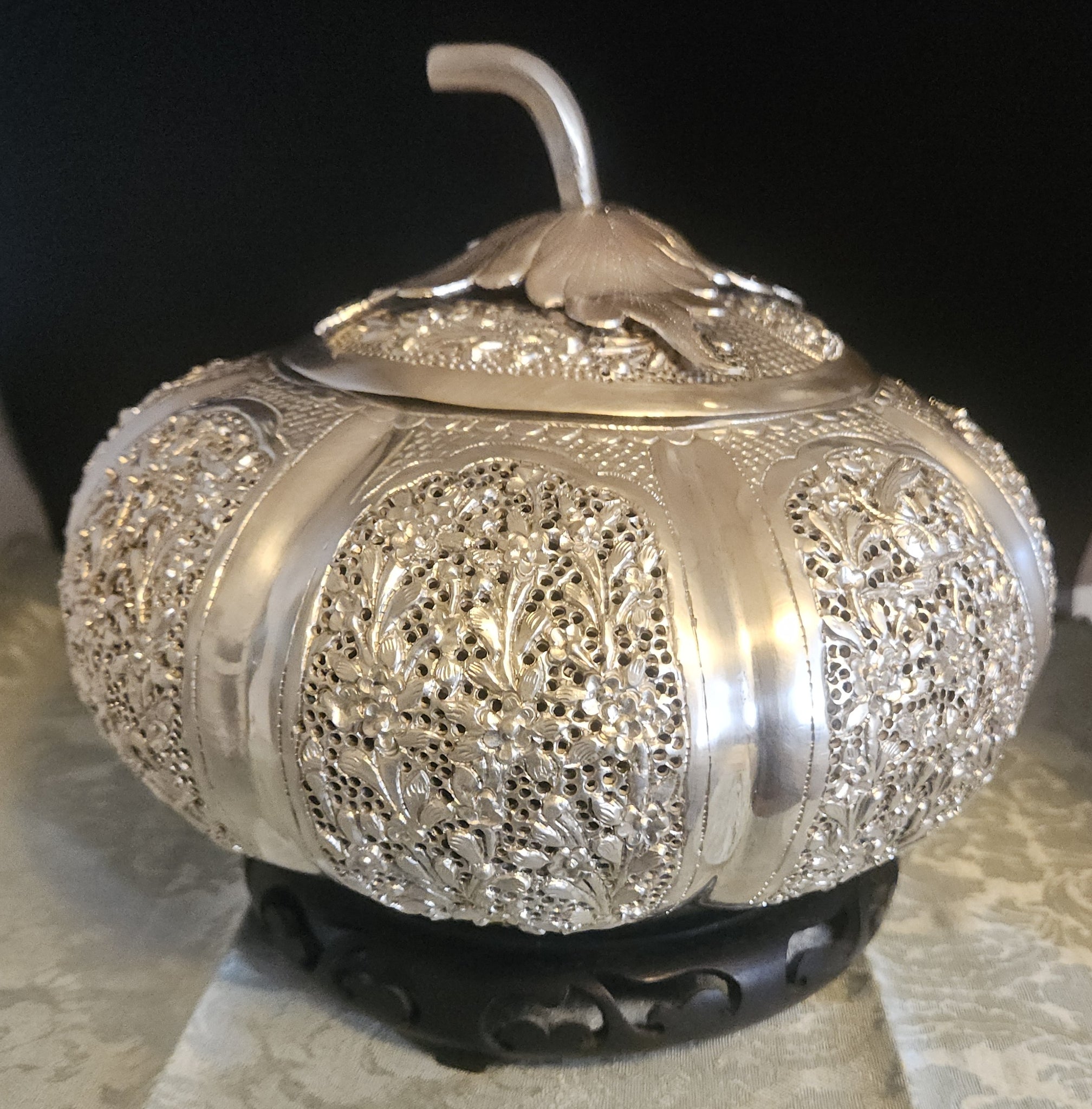 Vintage Metal Ornate Batek Malaysia Lidded Silver Pumpkin w/ Wood Stand