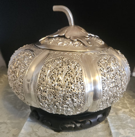 Vintage Metal Ornate Batek Malaysia Lidded Silver Pumpkin w/ Wood Stand