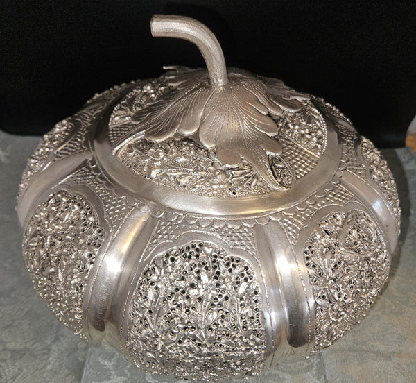Vintage Metal Ornate Batek Malaysia Lidded Silver Pumpkin w/ Wood Stand