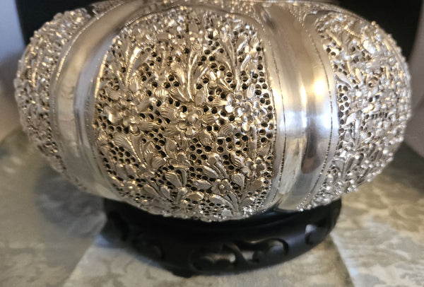 Vintage Metal Ornate Batek Malaysia Lidded Silver Pumpkin w/ Wood Stand