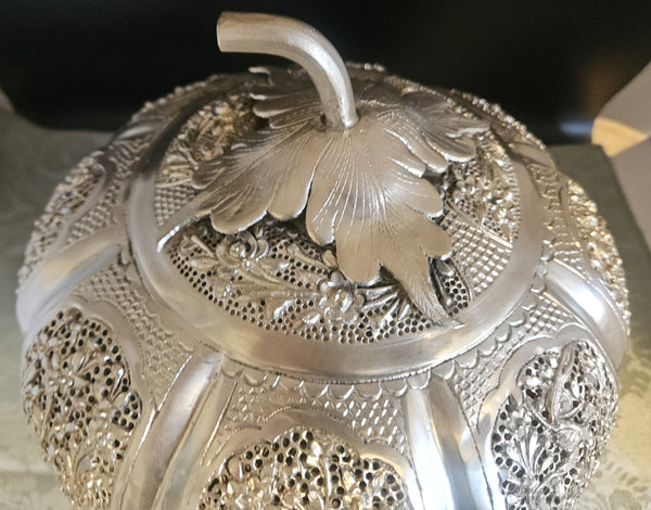 Vintage Metal Ornate Batek Malaysia Lidded Silver Pumpkin w/ Wood Stand