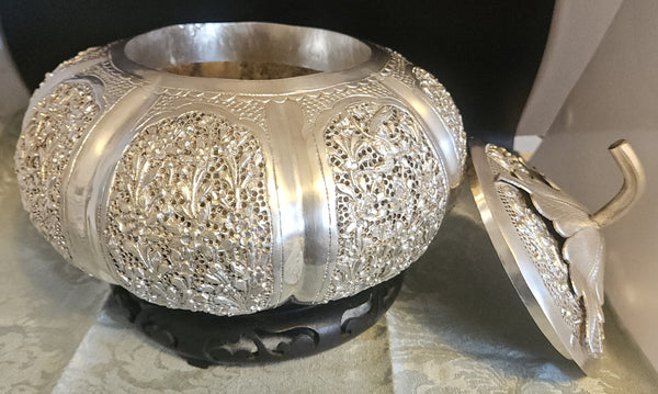 Vintage Metal Ornate Batek Malaysia Lidded Silver Pumpkin w/ Wood Stand