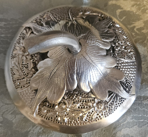 Vintage Metal Ornate Batek Malaysia Lidded Silver Pumpkin w/ Wood Stand