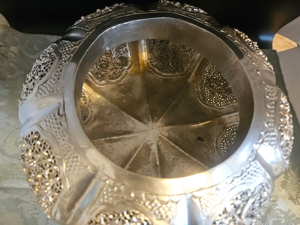 Vintage Metal Ornate Batek Malaysia Lidded Silver Pumpkin w/ Wood Stand