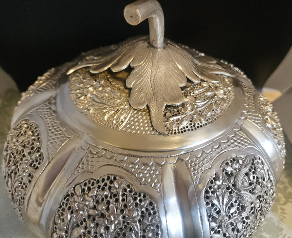 Vintage Metal Ornate Batek Malaysia Lidded Silver Pumpkin w/ Wood Stand