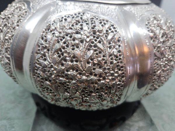 Vintage Metal Ornate Batek Malaysia Lidded Silver Pumpkin w/ Wood Stand