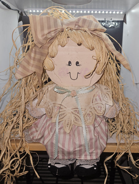Vintage Straw Hair Wood Shelf Sitting Doll