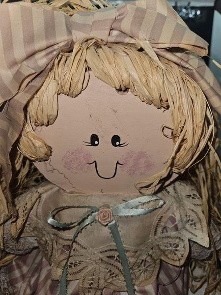 Vintage Straw Hair Wood Shelf Sitting Doll